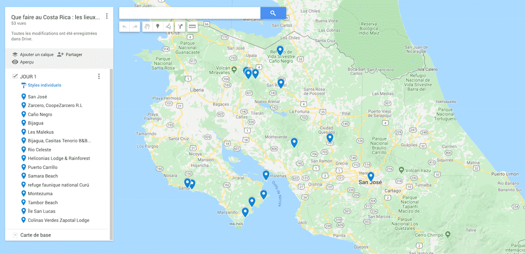 carte clicable itineraire costa rica