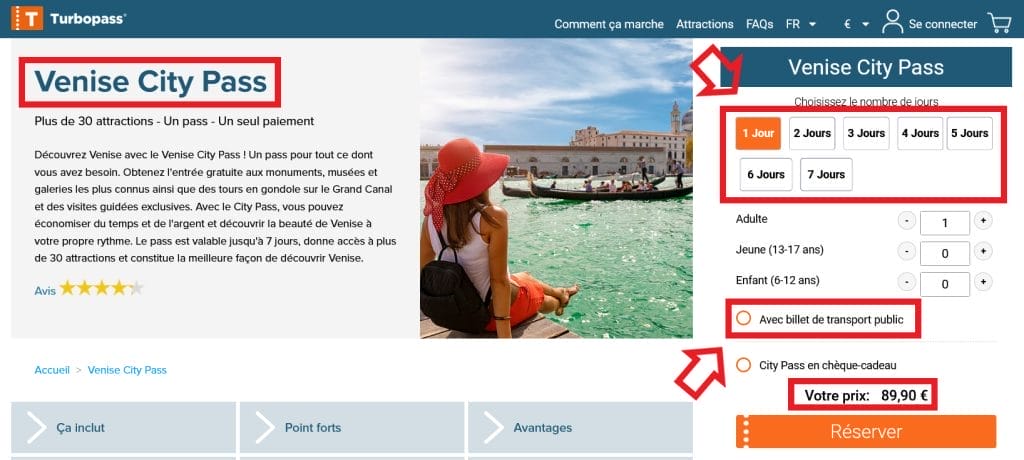 page turbopass venise acheter reservation
