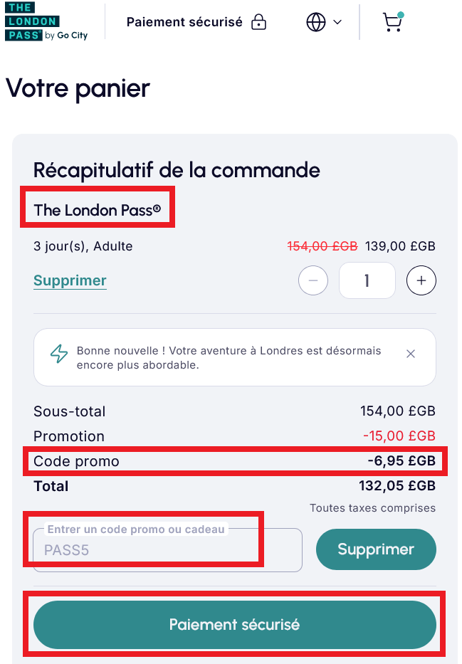 activer code promo the london Pass panier